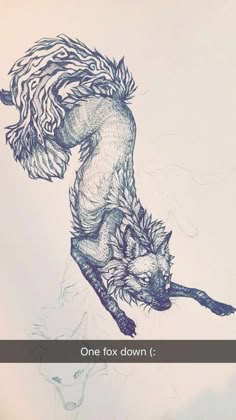 a drawing of a wolf jumping up into the air with its tail curled back and eyes closed