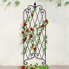 an iron trellis with red roses growing on it's sides and green leaves