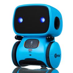 a blue robot toy with its eyes open and lights on it's head, sitting in front of a white background