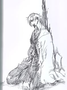 a black and white drawing of a man sitting on the ground next to a cross