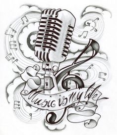 a drawing of a microphone with music notes and musical notations on the side, as well as words that read music is my life