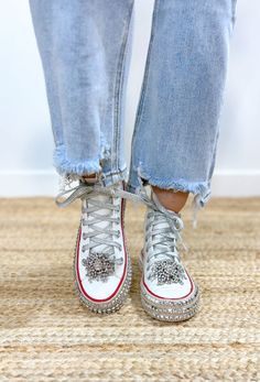 Make a statement in these so cool high-top sneakers featured in an edgy, distressed design with a studded sole and metallic detailing. These will instantly become your new go-to sneakers. If width is a concern or you are between sizes, we recommend sizing up half a size. 80s Sneakers, Cool High Tops, White Sneakers, High Tops, High Top Sneakers, Sneakers, My Style