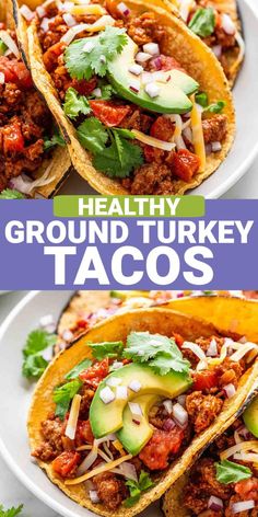 healthy ground turkey tacos with avocado and cilantro on the side