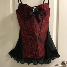 Sexy Red Brocade Bustier With Bows And Ruffles. Size L. Never Worn. Made In China From Polyester Material. Elastic Mesh Back. Pit To Pit 14.5 Unstretched Waist 13.5 Unstretched Hip 17 Unstretched Length Underarm To Hem Ruffle 19 Red Party Corset With Built-in Bra, Red Corset With Built-in Bra For Night Out, Red Corset With Built-in Bra, Red Sleeveless Corset With Built-in Bra, Party Corset With Built-in Bra In Red, Red Fitted Corset With Built-in Bra, Fitted Red Corset With Built-in Bra, Red Underwire Party Corset, Red Underwire Corset For Party