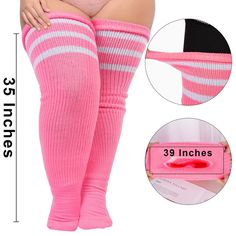 Plus Size Thigh High Socks Striped- Pink & White Fall Season Pink Stretch Knee-high Socks, Trendy Thick Knee-high Socks, Trendy Thick Warm Socks, Pink Stretch Knee-high Socks, Comfortable Stretch Pink Knee-high Socks, Thick Thigh High Winter Socks, Thick Warm Thigh High Socks, Fitted Pink Knee-high Socks For Winter, Fitted Pink Knee-high Winter Socks