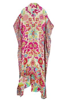 Hit the beach or kick it poolside in this flowy kaftan that features an allover floral pattern, kimono-inspired sleeves and an uneven hem. Johnny collar Kimono-inspired sleeves 100% viscose Hand wash, line dry Imported Printed Flowy Kaftan For Beach Cover-up, Patterned Kaftan For Summer Beach Cover-up, Flowy Kaftan For Spring Vacation, Multicolor Printed Cover-up With Kimono Sleeves, Multicolor Boho Print Kaftan For Spring, Floral Print Tunic For Beach In Spring, Silk Floral Print Kaftan For Beach Cover-up, Printed Tunic Cover-up For Spring, Floral Print Tunic For Spring Beach Outings