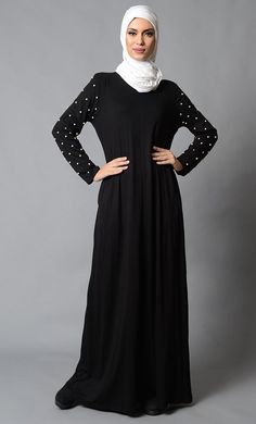 Pearl Embellished Sleeves Casual Abaya Dress Long Sleeve Modest Abaya With Modesty Panel, Modest Long Sleeve Abaya With Modesty Panel, Fitted Black Abaya For Eid, Black Long Sleeve Maxi Dress For Eid, Elegant Abaya With Modesty Panel For Fall, Black Modest Dress For Eid, Modest Black Dress For Eid, Elegant Fall Abaya With Modesty Panel, Fitted Long Sleeve Black Abaya