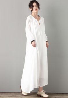 White Linen Dress Long Sleeves Linen Maxi Dress Maternity - Etsy White Floor-length Midi Dress For Spring, White Flowy V-neck Maxi Dress, Elegant White Floor-length Maxi Dress, White Long Sleeve Maxi Dress For Daywear, Elegant Chiffon Maxi Dress For Daywear, Elegant White Maxi Dress For Daywear, White Flowy Floor-length Dress, White Floor-length Maxi Dress For Beach, Linen Maxi Dress For Daywear