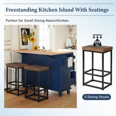 the kitchen island with seatings is perfect for small dining room / kitchen areas, 2 dining stools