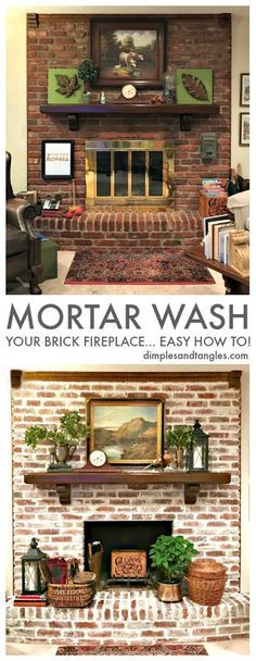 a fireplace with two pictures above it and the words mortar wash on top of it