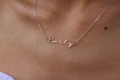 ♥ Mother's Day Gift, Personalized jewelry, Valentines Day Gift, 14k Solid Gold Name Necklace Item Detail: - Material: 14k Solid Gold -Hypoallergenic and Made for Sensitive Skin Colours: -14k solid yellow gold -14k solid white gold -14k solid rose gold ❤️PROCESSING TIME: 5-9 business days ❤️SHIPPING TIME: US is 2-9 days Worldwide is 5-15 days ❤️You can upgrade shipping to EXPRESS at check out if you want your package quicker ♥ UNIQUE AND PERFECT GIFT♥ -Birthday, holiday, a special occasion, or ju Elegant Sterling Silver Name Necklace Stamped 14k, Elegant Jewelry With Names, Elegant Name Jewelry For Anniversary, Signature 14k Gold Wedding Jewelry, Minimalist Name Necklaces For Wedding, Minimalist Necklaces With Names For Wedding, 14k Gold Necklaces With Names For Gifts, Yellow Gold Wedding Jewelry With Names, 14k Gold Signature Jewelry As Gift