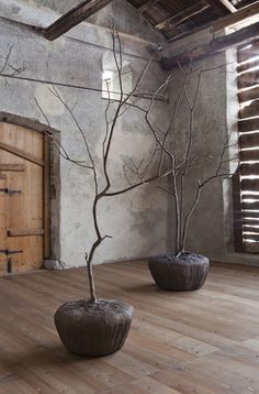 two vases sitting on top of a wooden floor