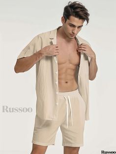 Russoo - Cotton and Linen Blend Mens 2-Piece Ensemble: Short Sleeve Shirt with Coordinating Beach Shorts Solid Color Relaxed Fit Sets For Beach, Solid Color Vacation Sets For Beach Season, Solid Color Beach Vacation Sets, Solid Vacation Sets For Beach Season, Casual Solid Color Sets For Vacation, Casual Solid Color Vacation Sets, Casual Beige Sets For Vacation, Solid Color Summer Sets With Relaxed Fit, Summer Beach Sets In Solid Color