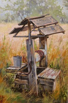 an oil painting of a wooden structure in the middle of a field