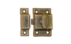 two antique brass plated door latches on white background