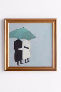 a painting of two people holding an umbrella in front of a white wall with a gold frame