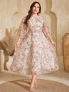 Rosa  Collar manga francesa Chifón Floral,todo estampado A línea Embellished No-Elástico Plus Size Floral Dress Wedding Guest, Floral Dress Wedding, Plus Size Floral Dress, Floral Dress Wedding Guest, Plus Prom Dresses, Maxi Formal Dress, Pink Party Dresses, Dresses Formal Elegant, Chiffon Floral