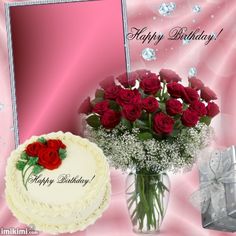 happy birthday card with red roses and cake