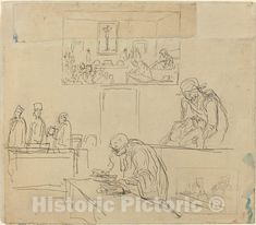 Art Print : HonorÃ© Daumier, Scene of The Tribunal (The Verdict) - Vintage Wall Art Pen And Ink, Vintage World Maps, Poster Prints, Male Sketch