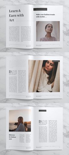 an open magazine with two pages on the front and one page on the back in white marble