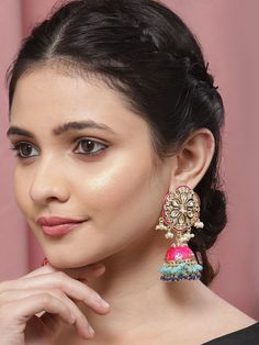 These beautiful poppy-pink floral jhumka earrings come with kundan stone studs & ocean-blue accented beads, are gold-plated with elegant meenakari work, and are secured with a post and back closure. These handcrafted floral jhumkas can be styled with any ethnic outfit, or an evening outfit to add a punch of color. You know you'll get complements with these! Product color may vary based on the monitor or screen you are using.See FAQ for more details. Size Length: 8 cm Details Material: BrassStone Chandbali Jhumkas With Dori Work For Festivals, Festival Chandbali Dori Work Jhumkas, Diwali Chandbali Jhumkas With Dori Work, Festive Chandbali Jhumkas With Dori Work, Multicolor Meenakari Jhumkas Drop Earrings, Fusion Kundan Jhumkas With Gota Work, Fusion Style Kundan Jhumkas With Gota Work, Kundan Jhumkas With Dori Work For Festive Occasions, Gold Chandbali Jhumkas With Dori Work