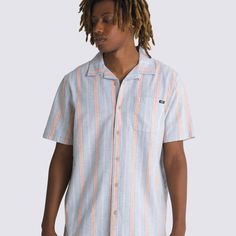 The Carnell Buttondown Shirt is a short sleeve linen woven shirt featuring full buttondown front, tonal vertical stripes, and front left chest pocket with clip label. 86% Cotton fabric, 14% Linen fabricLinen short sleeve wovenTonal vertical stripesClassic fitModel wearing size Medium | Vans Carnell Buttondown Shirt Men's 2XL Snow Surfing, Vans Store, Vans Logo, Button Down Shirt Mens, Linen Short, Vertical Stripes, Shirt Sale, New Shoes, Chest Pocket