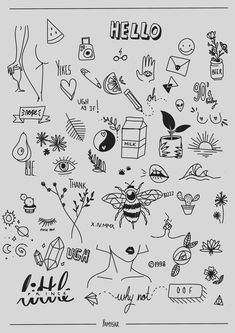 the back side of a poster with various doodles on it and words written in black ink