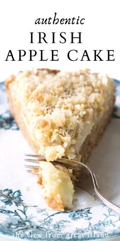 a piece of pie on a blue and white plate with the words authentic irish apple cake