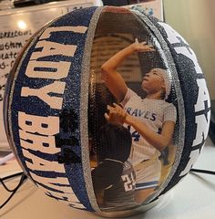 a close up of a basketball on a table