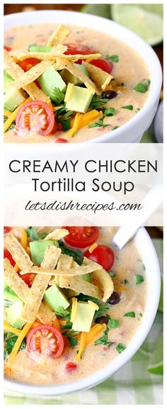 creamy chicken tortilla soup with avocado and tomatoes