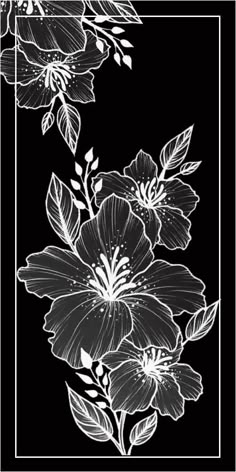 a black and white drawing of flowers on a black background with a square frame in the middle