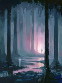 a painting of a person standing in the middle of a forest with trees and water