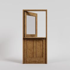 an empty wooden door with a mirror on it