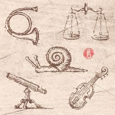 an old drawing of various items in the form of letters and numbers, including a violin