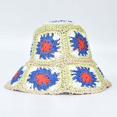 Floral Crochet Straw Bucket Hats - 11 Colors. Adorable bohemian straw bucket hats in retro floral square crochets. Perfect spring to summer hats to love and protect from sun in style. Hand Woven, wide brim with size adjustable inner rope. Wear in town or beach, these hats look sweet! SIZE: 54-58cm Circumstance H10cm x Brim 9-10cm Gender: WOMENItem Type: Hats, Crochet HatMaterial: Straw, PapyrusPattern Type: Floral