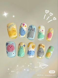 Cat Nails Design Cute, Cute Nail Art Designs Aesthetic, Cats Nail Art, Cat Design Nail Art, Cats Nails Design, Cat Press On Nails, Cat Theme Nails, Cat Art Nails, Nails With Cat Designs