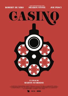 the movie poster for casino starring in red and black with four dices on it