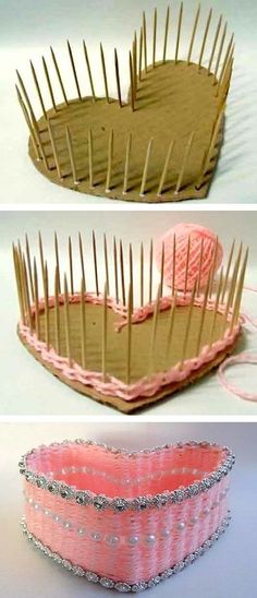 two pictures of a heart shaped object made out of wood sticks and yarn, one is pink