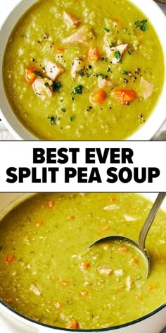 two bowls of split pea soup, one with chicken and the other with carrots