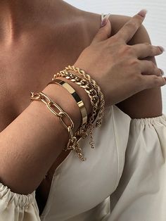 Original Cool Statement Chains Bracelet GOLD-One_size Flat Bracelet, Birthstone Charm Necklace, Jewelry Ear, Twisted Bracelet, Women's Jewelry Sets, Silver Chain Bracelet, Gold Bracelets, Jewelry Lookbook, Gold Bracelet Chain