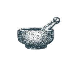 a mortar and pestle on a white background with the word's written in black ink