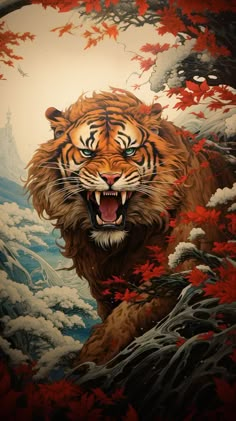 a painting of a tiger with its mouth open