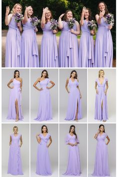 the bridesmaids are posing for pictures in lavender dresses and holding bouquets with their hands up