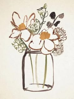 a drawing of flowers in a glass vase