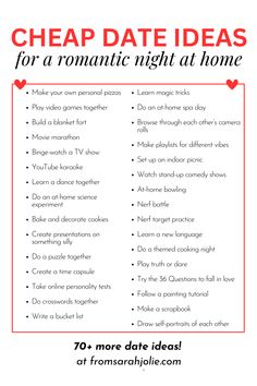 a poster with the words cheap date ideas for romantic night at home and other things to do