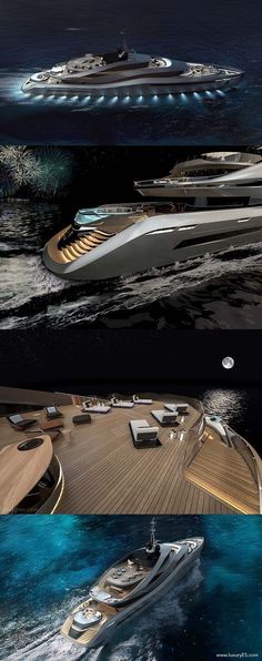 three different views of a boat in the ocean at night and day, with lights on