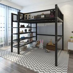 a loft bed is shown with shelves and toys on the bottom shelf in this room