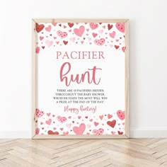 a wooden frame with hearts on it and the words, pacificr hunt written in pink