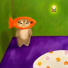 a painting of a cat with a fish hat on