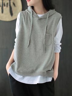 Artistic Retro Solid Hooded Vest DEEP GRAY-FREE SIZE Outfits Y2k, Vintage Vest, Hooded Vest, Sleeveless Hoodie, Purple Light, Matches Fashion, Solid Clothes, Preppy Outfits, Vintage Sweatshirt